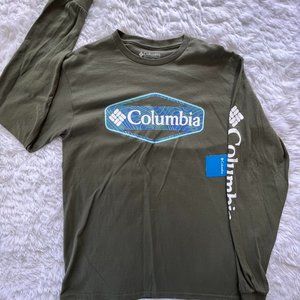 NWT Small Mens Olive Green & Blue Columbia Long Sleeve Graphic Tee